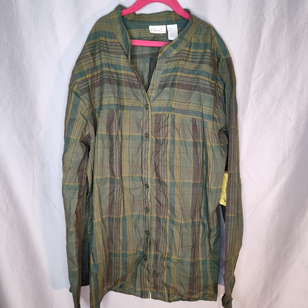 Kim Rogers large casual hunter green button up office layer plaid top light